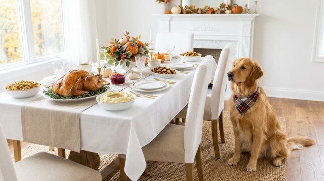 A Golden Retriever awaits Thanksgiving dinner by a beautifully set table with a roasted turkey, captured in a warm, inviting home atmosphere.