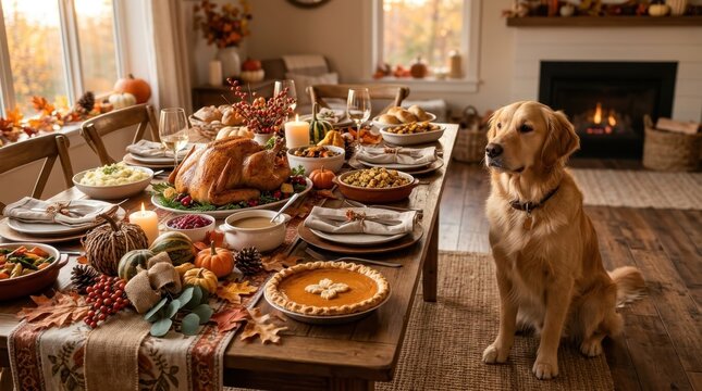 Thanksgiving Feast with Golden Retriever: A lavish Thanksgiving dinner spread on a wooden table, complete with a roasted turkey, pies, and autumnal decorations.