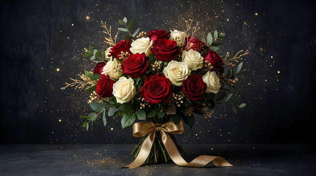Beautiful bouquet of red and white roses with a decorative ribbon on a dark background for special events