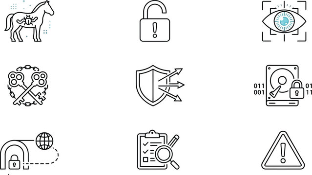 Cybersecurity black line icon set featuring trojan horse malware unlocked padlocks biometric eye scanning encrypted hard drive data defense shield and threat warning outline elements
