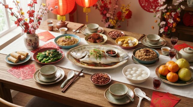 Chinese New Year Feast: A beautifully laid table laden with traditional Chinese New Year delicacies, featuring whole steamed fish, spring rolls, and tangerines, all set under festive red lanterns.