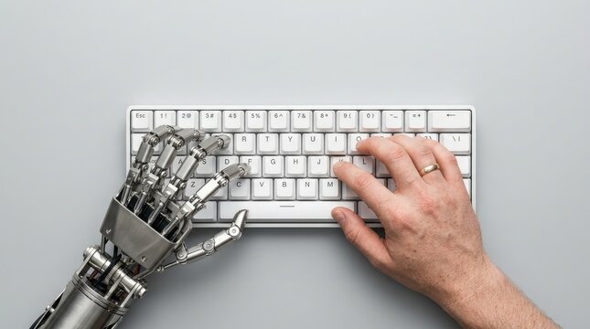 A robotic hand and a human hand typing together on a computer keyboard representing artificial intelligence collaboration