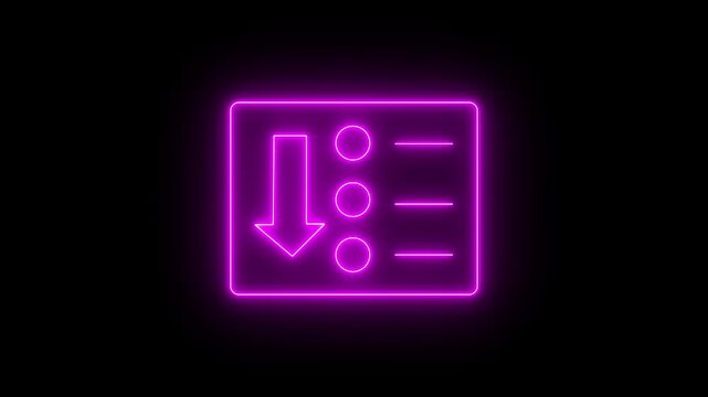 Glowing Magenta Neon Sorting List Icon with Downward Arrow Symbolizing Task Priority Data Organization Menu Download Management System on Black Background.