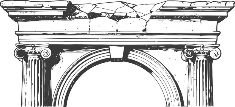 Ancient classical arch with cracked top and detailed corinthian columns in black and white line art