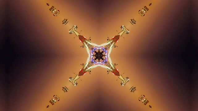 Abstract symmetrical star pattern with glowing warm brown and orange gradient background.