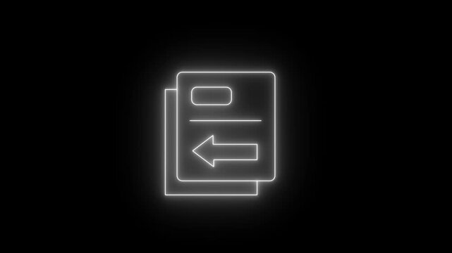 Glowing neon white icon depicting stacked document sheets with an internal leftward directional arrow, set against a dark background. Animated data import file transfer graphic.