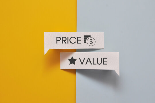 Minimalist business concept showing price and value labels across contrasting yellow and blue backgrounds, emphasizing the difference between cost and worth.