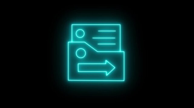 Glowing neon cyan icon depicting a document file emerging from a folder with a rightward directional arrow across the front, set against a dark background. 