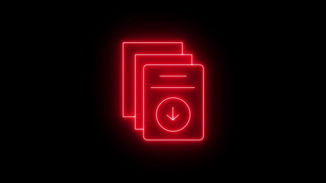 Glowing Red Neon Multiple Documents Stack Icon with Downward Arrow Symbolizing Batch File Download Data Transfer Archive Storage Management Concept on Black Background.