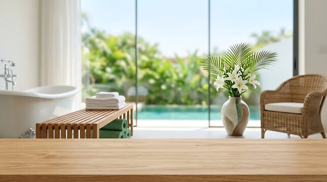 Empty Wooden Table Top in Luxury Spa Bathroom Interior with Pool View Background for Wellness Product Mockup Display.