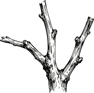 Illustration of a bare tree branch with multiple cut limbs in detailed black and white line art