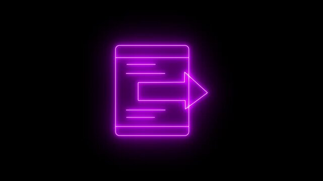 Futuristic Glowing Purple Neon Document Export File Transfer Right Arrow Icon Symbolizing Digital Data Migration Concept Isolated on Black Background.