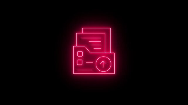 Futuristic Glowing Red Neon Document Folder Icon with Upward Arrow Symbolizing File Upload Data Transfer Storage Cloud Backup Archive System Isolated on Black Background.