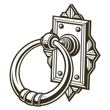 Isometric line of a vintage style metal door knocker with a rectangular backplate on a clean white background