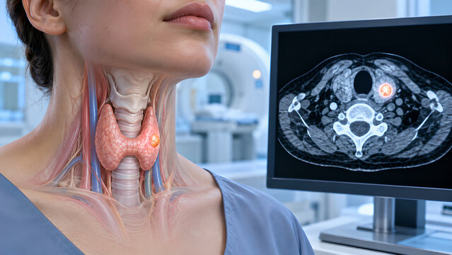 Thyroid nodule and neck lump evaluation radiology concept with realistic medical imaging and anatomical gland detail for diagnostic awareness, patient education, healthcare websites and design