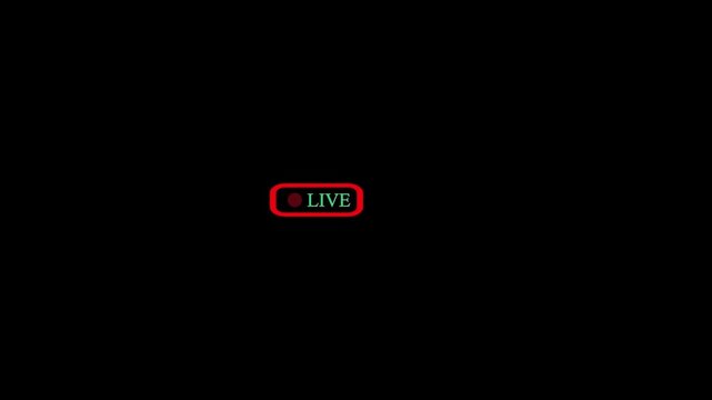 A red live streaming icon flashing on a black background, for digital media, broadcasts