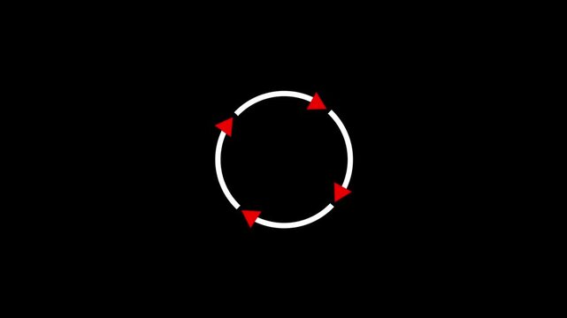 Animated circular loading icon with rotating red arrows on black background