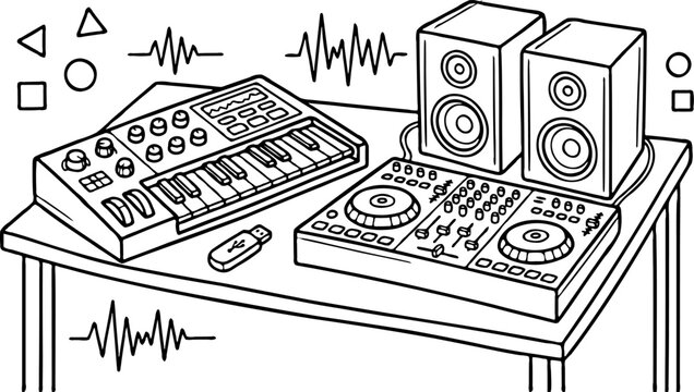 Electronic music production setup with synthesizer, DJ controller, speakers, and USB drive on a table, line art illustration