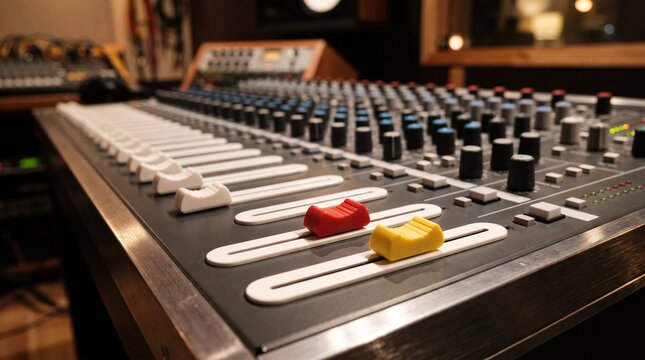 Professional Audio Mixing Console with Colorful Faders in Recording Studio
