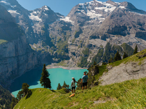 Breathtaking views from Oeschinensee in Kandersteg, Switzerland, during a sunny vacation day