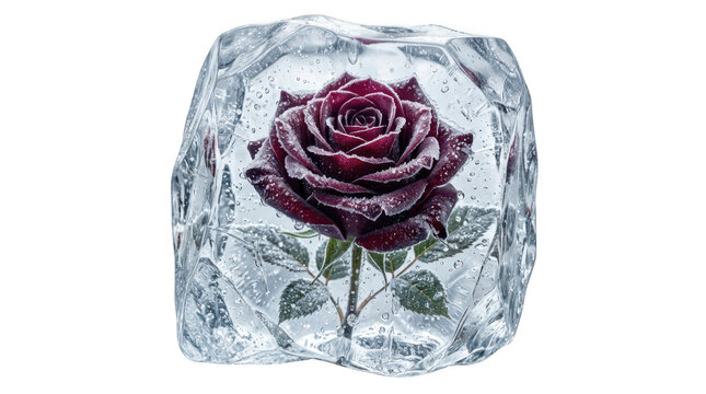 A beautiful deep red rose flower trapped inside a large transparent block of melting ice transparent background