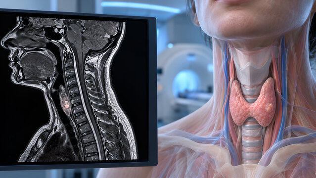 Thyroid nodule and neck lump evaluation radiology concept with realistic medical imaging and anatomical gland detail for diagnostic awareness, patient education, healthcare websites and design