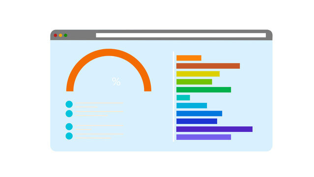 Analytics dashboard with percentage gauge and charts, Flat illustration of a browser dashboard with a percentage gauge, colorful horizontal charts, and simple data lists on a transparent background.