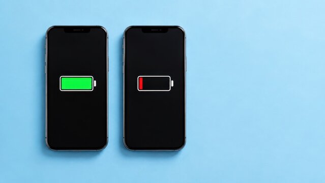 Smartphone Battery Level Comparison with Full Green and Low Red Charge Indicators, Mobile Energy and Power Management Concept