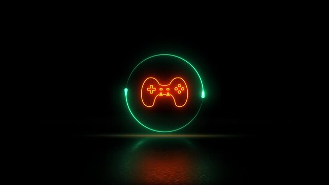Neon glowing with reflection video game controller icon video animation. Neon lighting Gaming controller device symbol motion animation. Game controller icon sign animation.