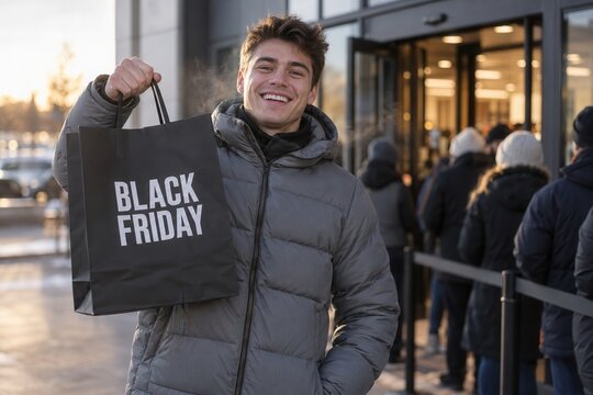 Happy young man holding a black shopping bag during Black Friday sales while queuing outside a retail store in cold winter weather.