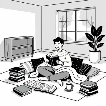 Cozy man reading books on floor with pillows and blanket in room vector icon style