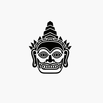 Minimalist Black and White Indonesian Batak Gorga Singa Singa Traditional Carving Mythical Mask Vector Illustration
