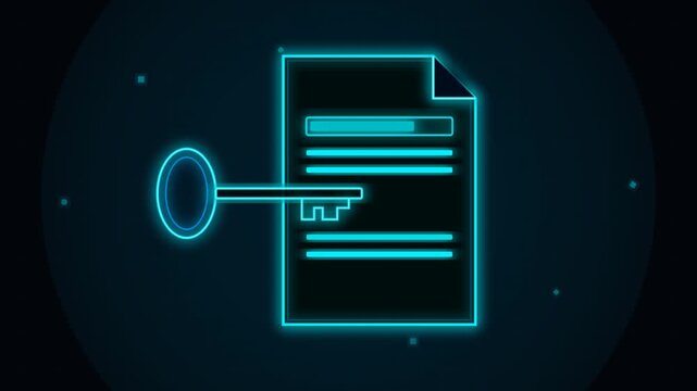 Digital data security concept represented by glowing neon document icon and metallic key