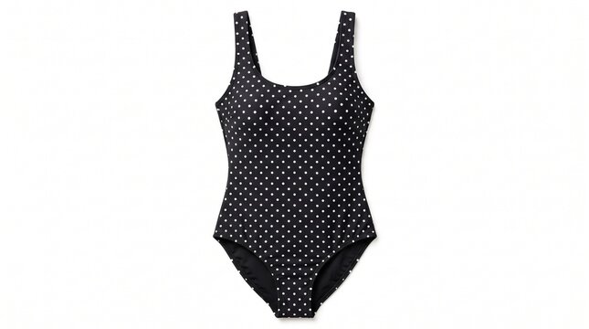 one piece bathing suit swimwear pool attire beachwear dark ebony noir monochrome white spots dotted patterned retro vintage style classic scoop neck tank style sleeveless