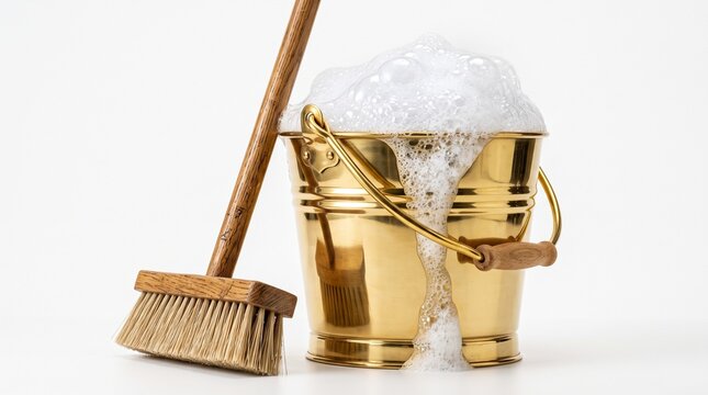 cleaning supplies wooden broom floor brush brass pail metal pail golden pail cleaning tools housekeeping janitorial equipment domestic chores cleaning foam detergent foam suds