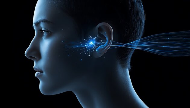 Futuristic digital visualization of hearing aid technology on womans ear