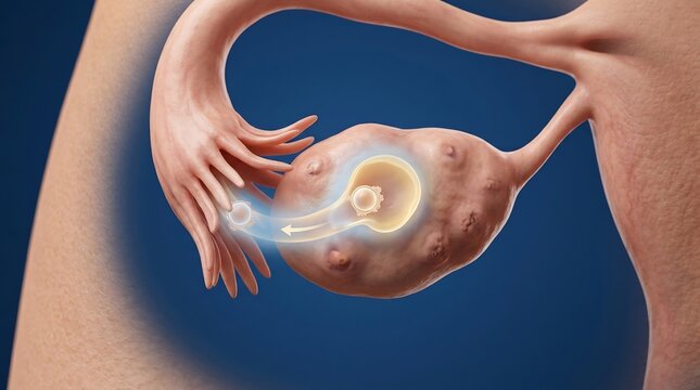 3D medical illustration of the ovulation process showing an egg cell being released from the ovary into the fallopian tube