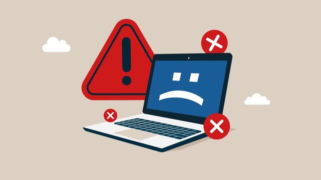 System failure message in laptop. Problem or system failure. Virus attacked telephone. Business animation video