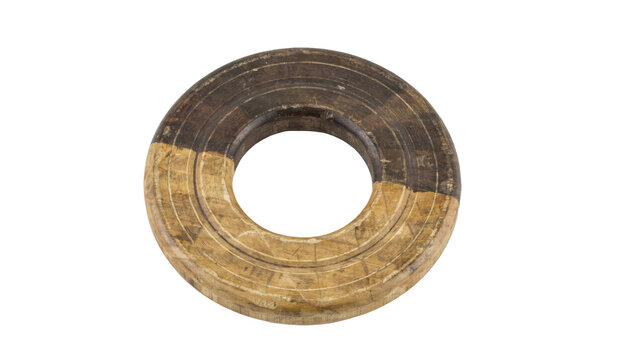 Ancient chinese bi disc made of two-toned brown and tan stone with circular grooves and smooth texture isolated on a transparent background