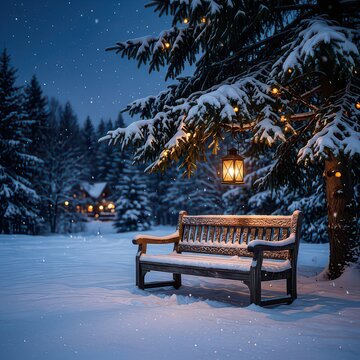 snowy winter scene with bench and lanterns