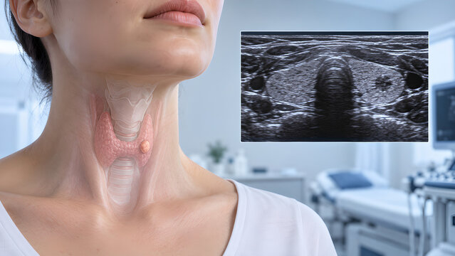 Thyroid nodule and neck lump evaluation radiology concept with realistic medical imaging and anatomical gland detail for diagnostic awareness, patient education, healthcare websites and design