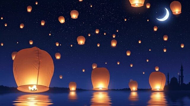 Sky lanterns floating over calm water during night festival celebration