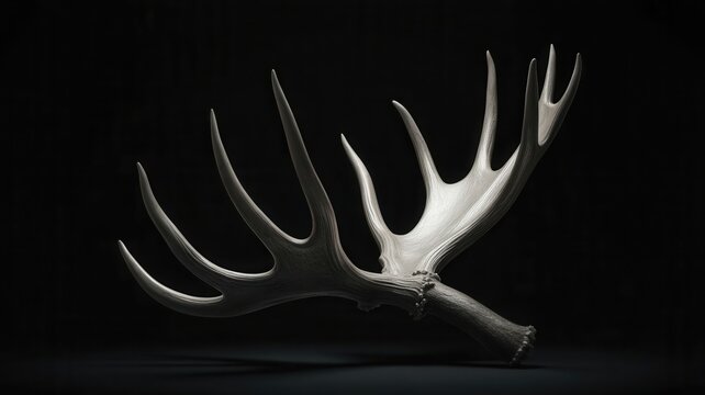 A large deer antler isolated on a dark background. Wildlife and hunting concept for rustic decor and nature photography.