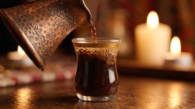 Close-up of pouring rich Turkish coffee from an engraved copper cezve into a traditional pear-shaped glass cup with a golden rim, lit by warm candlelight.