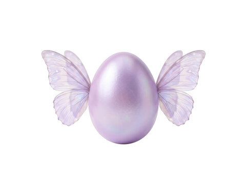 Decorative metallic purple easter egg with butterfly wings as isolated on transparent background