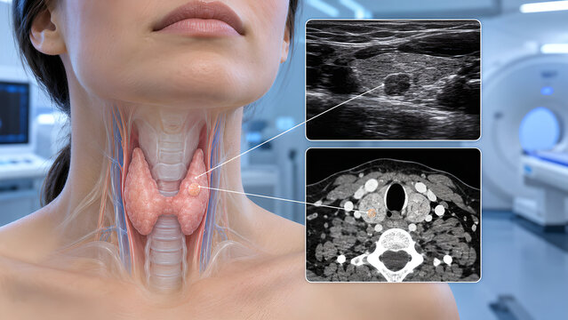 Thyroid nodule and neck lump evaluation radiology concept with realistic medical imaging and anatomical gland detail for diagnostic awareness, patient education, healthcare websites and design