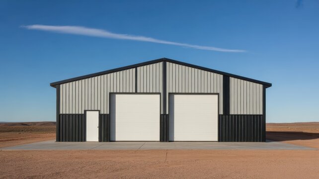 A modern metal workshop or garage building under a clear blue sky in the desert. Perfect for industrial architecture and rural enterprise themes.
