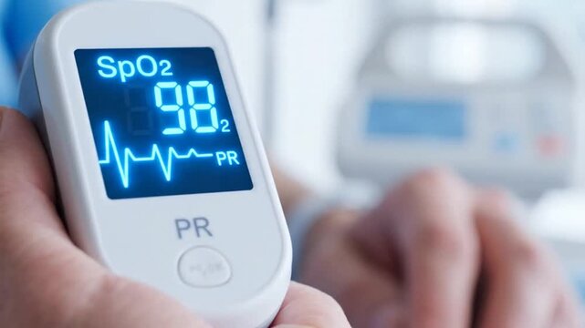 Close-up of a digital fingertip pulse oximeter showing a rising blood oxygen saturation level from 91 to 99 percent in a hospital room.