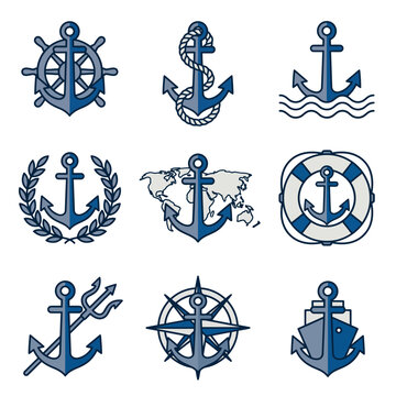 Set of nautical blue anchor icons and maritime symbols for design.