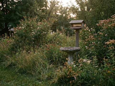 Bird Bath And Seed Feeder In A Lush Garden Setting Attracting Wild Birds